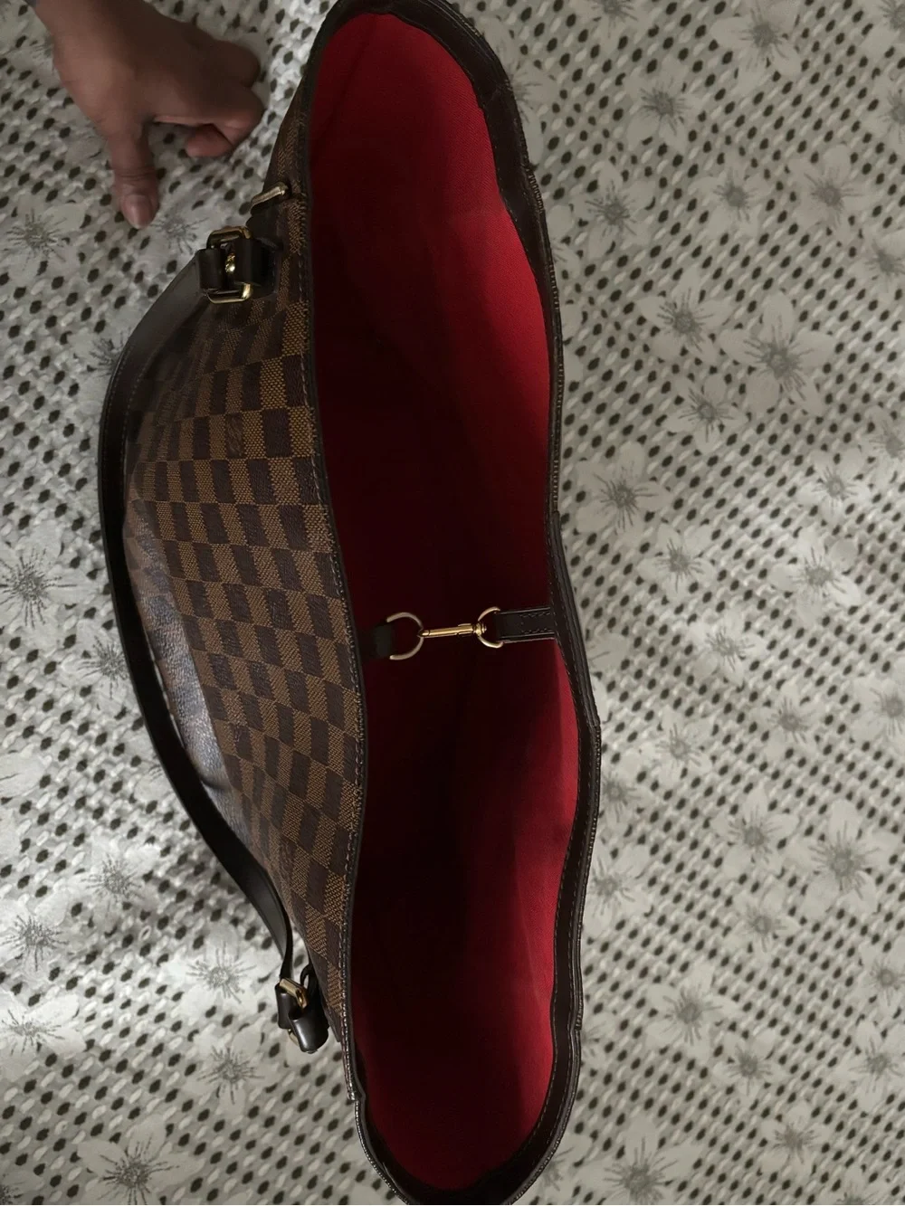 Louis Vuitton Damier Ebene Tote with Red Interior Trim